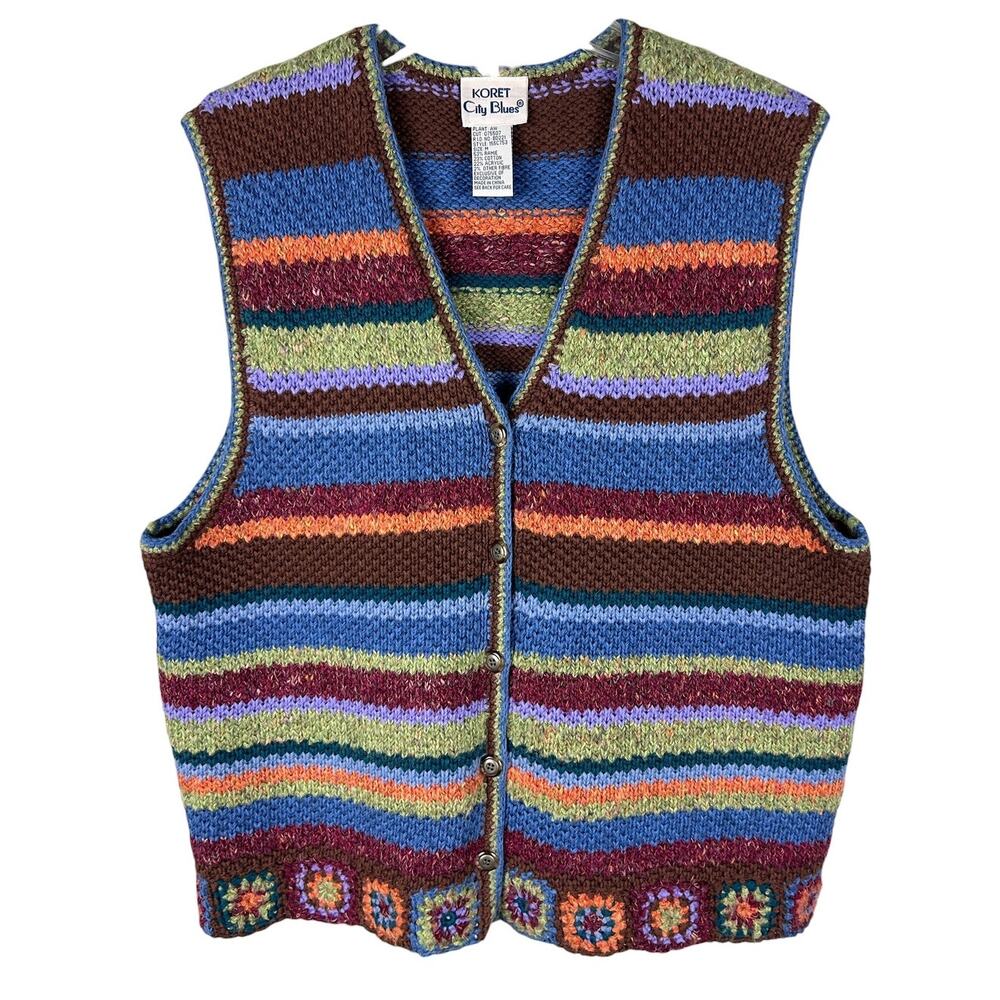 Koret Vintage 90s Casual Granny Square Trim V Neck Sweater Vest M